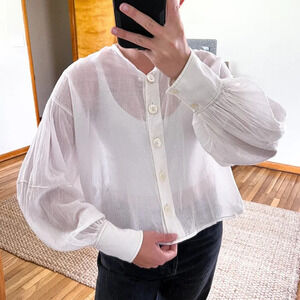 Emily Levine 100% Cotton White Sheer Seashell Button Down Coastal Shirt S/M